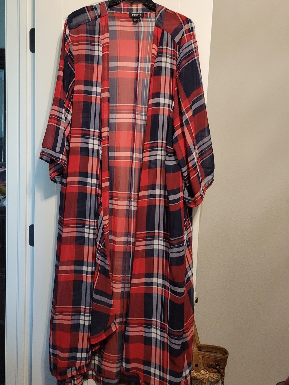 torrid Red & Navy Plaid Open-Front Cape Duster